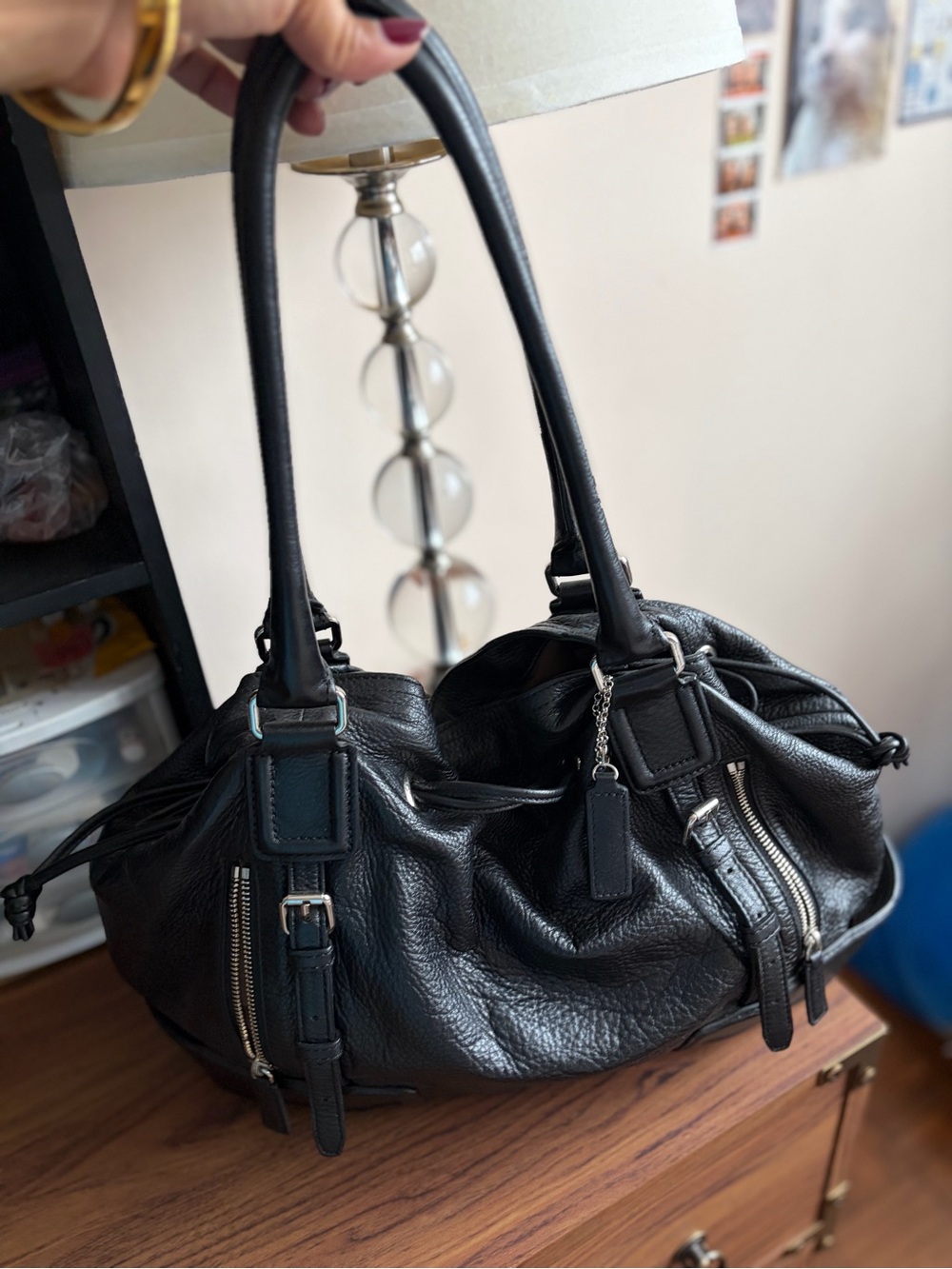 Cole Haan Drawstring Black Pebbled Leather Shoulder Bag